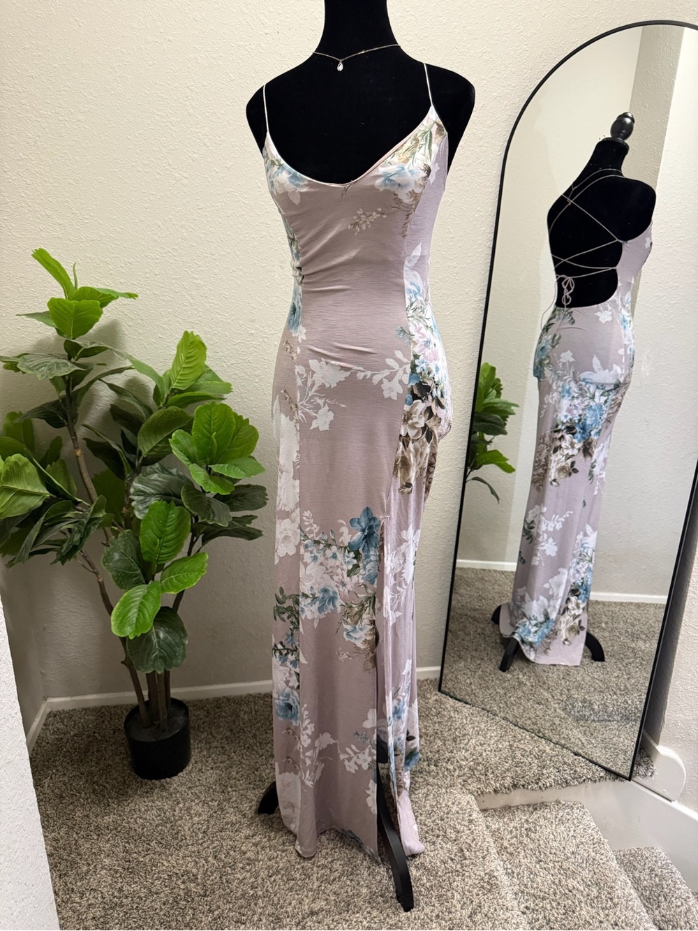 Windsor Mauve Floral Slip Maxi Dress with Blue & Cream Blooms
